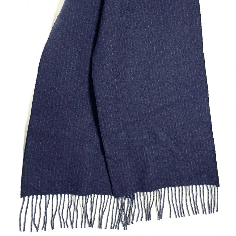 J Crew Cashmere Reversible Scarf Mens 65x12 Navy Herringbone Pin Stripe Fringe